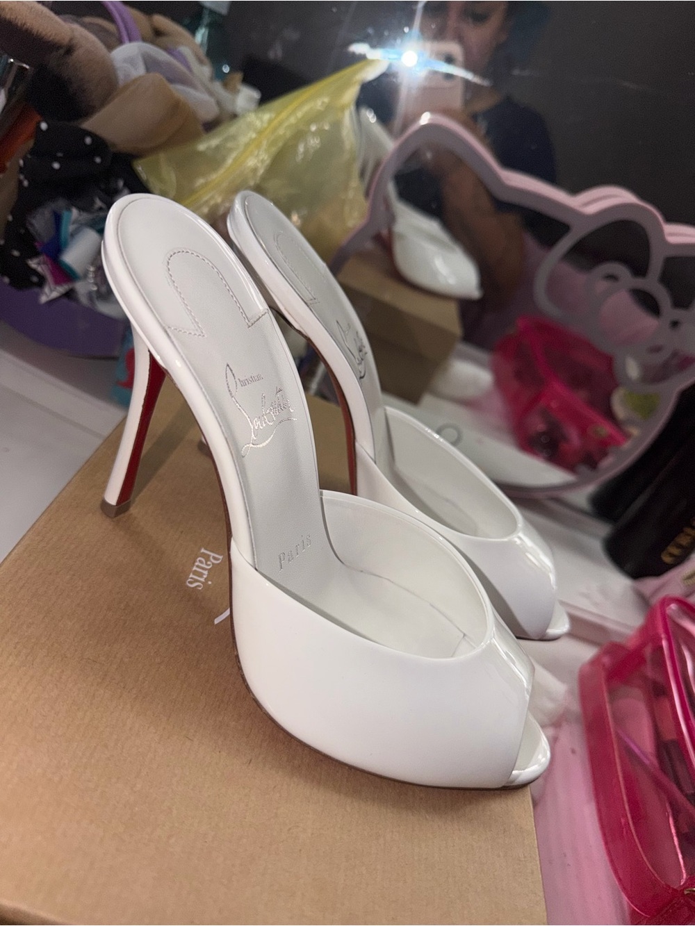 Christian Louboutin White Patent Peep-Toe Mule Heels with Red Soles
